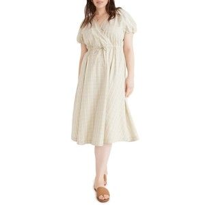 Madewell Plaid Tie-Waist Midi Dress Green Plaid Puff Sleeve Faux Wrap Size Small